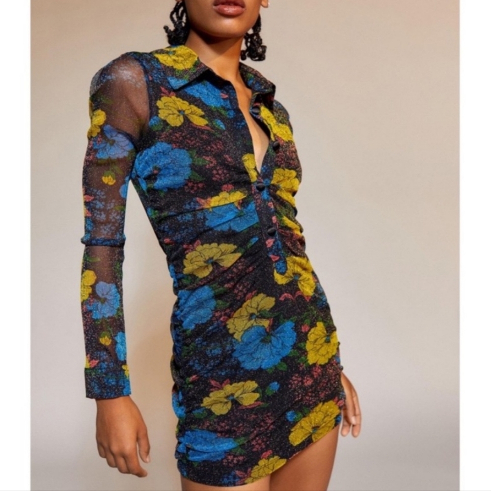 Urban Outfitters Black Floral Ruched Mini Dress with Blue & Yellow Flowers